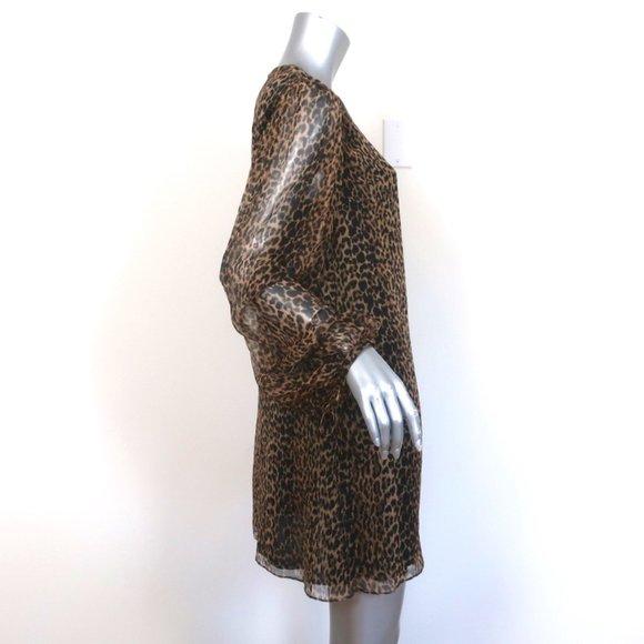 SAINT LAURENT MINI DRESS LEOPARD PRINT SILK CHIFFON SIZE 44 TIE-SLEEVE SHIFT - Picture 3 of 10